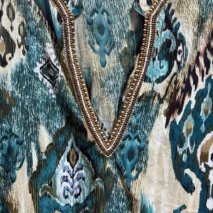 Elegant Beaded V-Neck Women Top - Teal and Cream